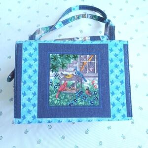 Blue Satchel Purse with bird design and beads by Discover Fashion Milano